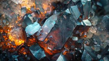 The vibrant crystals shine with a mix of blues and oranges, showcasing intricate patterns and textures that reflect light beautifully in an abstract composition. photo
