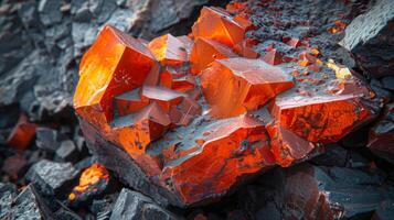 Crystalline formations of vibrant orange minerals are showcased against a backdrop of dark rock. The sunlight highlights the geometric shapes and colors, creating a striking visual display. photo