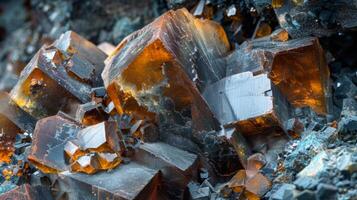 Glimmering brown cubic crystals showcase intricate patterns and vibrant hues while lying among various minerals, illuminated by natural light in a rocky landscape photo