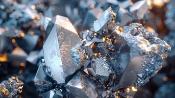 Brilliant silver and blue crystals are clustered together, reflecting light and creating a mesmerizing display of colors and shapes, capturing the beauty of natural mineral formations. photo