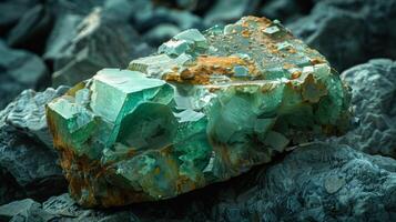 A striking green mineral specimen is positioned among dark gray rocks, showcasing its unique crystalline structure and vibrant color in a natural environment. photo