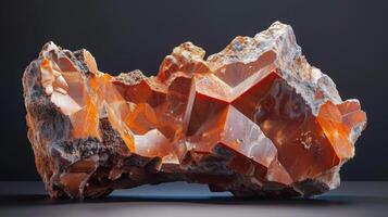 An impressive orange agate crystal formation displays vivid colors and complex patterns. The rugged surface highlights its natural beauty and unique geological features against a dark backdrop. photo