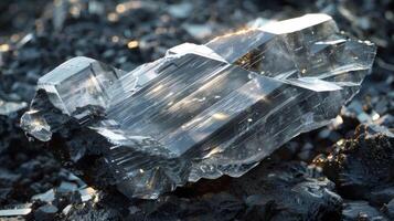 A large, clear crystal with sharp edges lays on a rough, dark surface, catching various light reflections during daylight, highlighting its intricate structure and beauty. photo