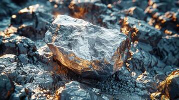 A prominent metallic rock sits vividly on a rugged surface, reflecting light with intricate textures and shiny surfaces that create an eye catching contrast. photo