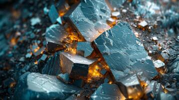 Metallic mineral formations sparkle with orange luminescence in a dark environment, showcasing their intricate textures and dynamic colors. This captivating arrangement captivates the viewer. photo