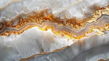 Close up view reveals the mesmerizing patterns and textures of a geode, showcasing gold and white minerals merging beautifully in a captivating natural formation. photo