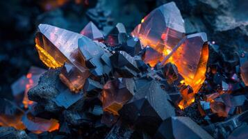 Sparkling mineral crystals display a stunning array of colors, reflecting light in a dark, rocky environment. Their sharp angles and glimmers create an enchanting natural spectacle. photo