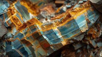 Close up view of a striking mineral formation showcasing rich blue and orange hues, textured surfaces, and sharp edges, set within rocky surroundings under natural lighting conditions. photo