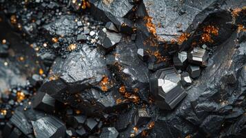 Shimmering black and orange crystals contrast against dark rock layers, showcasing natural mineral formations in a geological setting filled with intricate textures and details. photo