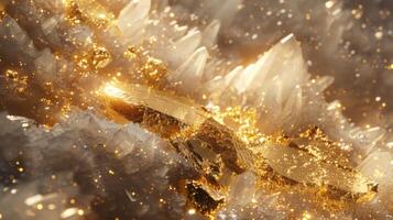 Golden crystals glisten amidst a backdrop of brilliant mineral formations in a vibrant underground cave, showcasing natural beauty illuminated by soft light photo