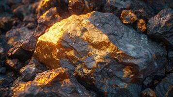 Glimmering rock surfaces showcase striking golden veins illuminated by warm light in a rugged terrain, highlighting the mineral richness found in this remote location at dusk. photo