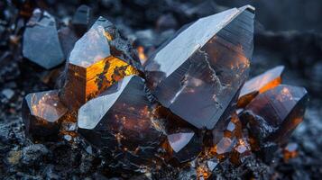 Vivid clusters of sparkling crystals display intricate geometric shapes and warm orange tones, creating a stunning contrast against a dark mineral background in a natural setting. photo