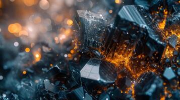 Intricate close up of dark crystalline structures illuminated by vibrant orange highlights creates a mesmerizing visual effect, emphasizing texture and contrast. photo