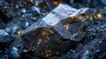 A unique mineral specimen glimmers with embedded light effects against a textured background, showcasing intricate details and an amazing array of sparkling patterns during twilight. photo