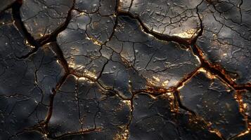 A close up view reveals a unique cracked surface with intricate lines and golden highlights, illuminated gently by soft light, creating a stunning visual texture. photo