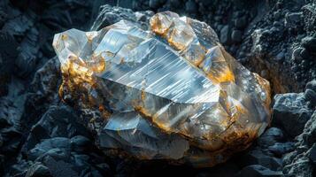 A large crystal formation sparkles in soft light on a dark, rocky surface. Its facets reflect colors and reveal the intricate patterns within, emphasizing its geological wonder. photo