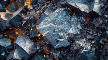 A collection of striking crystalline minerals is shown, featuring sharp angles and shiny surfaces, with warm light enhancing the natural beauty and complexity of the formations. photo
