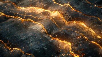 Glowing magma weaves through dark rock, creating intricate patterns of light in a volcanic area. The scene captures the energy and beauty of molten earth during early evening. photo