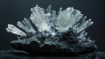 Shimmering quartz crystals rise elegantly from a contrasting dark rock, beautifully lit to highlight their sharp edges and translucent quality, creating a captivating visual experience. photo