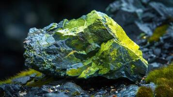 A striking bright green mineral rests on a dark rocky surface. It is surrounded by lush moss in a natural setting during daylight, creating a vibrant contrast in the forest. photo