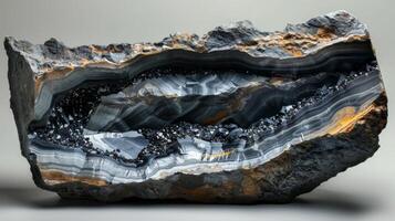 Unique agate rock features captivating layers of gray, black, and orange hues with sparkling crystal formations, highlighting the beauty of natural geological processes over time. photo