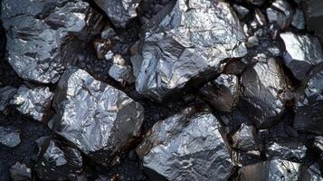 A close up of metallic rocks reveals their shiny surfaces and sharp edges. These mineral formations are arranged chaotically, highlighting their natural textures and colors under daylight. photo