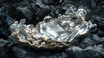 A unique metallic mineral formation sits on a dark, rocky surface, displaying intricate textures and polished, reflective features under natural light. The contrast emphasizes its beauty. photo