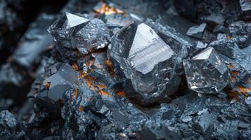 Several clear crystalline minerals are surrounded by grey rocks, reflecting sunlight and showcasing intricate geometric patterns while resting in a natural landscape. photo
