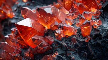Bright red crystals reflect sunlight, showcasing intricate formations on a dark mineral surface. The geological wonders captivate with their vibrant hues and sharp edges. photo