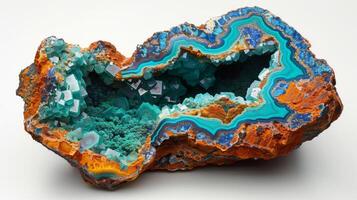 The extraordinary mineral specimen reveals intricate layers and stunning colors, highlighting the unique crystal structures within an angular rock formation. photo