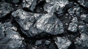 Detailed view of coal pieces scattered on the ground, highlighting the glossy surfaces and rugged edges as they reflect ambient light. The setting reflects a natural mining context. photo