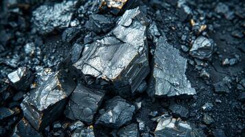 Detailed view of dark, shiny black minerals with sharp edges and various reflective surfaces, highlighting their unique characteristics and textures in a geological context. photo