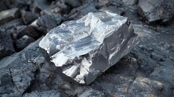 A large mineral rock displays a reflective metallic surface, surrounded by rugged, dark gray terrain under bright sunlight, highlighting its geological significance. photo