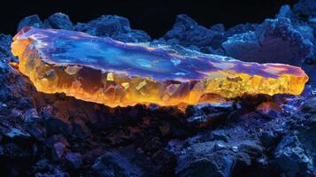 An orange and blue agate stone glows brightly on a rocky surface, revealing fascinating mineral patterns and textures under soft lighting, creating a captivating visual effect. photo