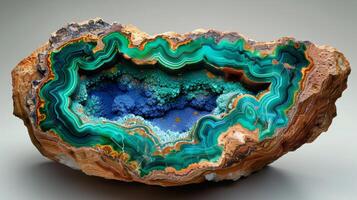 Intricate natural stone features striking turquoise and green bands showcasing smooth layers and unique formations, revealing depth and beauty in geological craftsmanship. photo