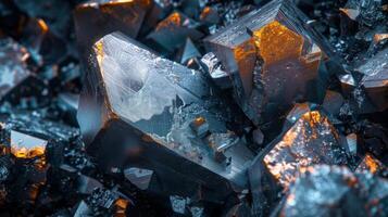 Shiny mineral crystals contrast with the dark background, reflecting light and showcasing intricate textures and vibrant colors. The arrangement highlights their unique formations. photo