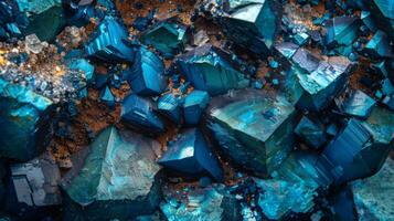 Brilliant blue mineral crystals cluster together, exhibiting sharp edges and rich color variations, illuminated by light to reveal their natural beauty in a dynamic setting. photo