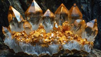 A vibrant collection of golden quartz crystals is arranged on a stone base, sparkling brilliantly as sunlight reflects off their clear surfaces. The scene captures a sense of tranquility in nature. photo