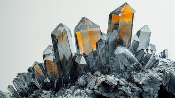 A stunning arrangement of quartz crystals showcases sharp, pointed formations with reflective surfaces that catch light beautifully, enhancing their striking colors and details. photo