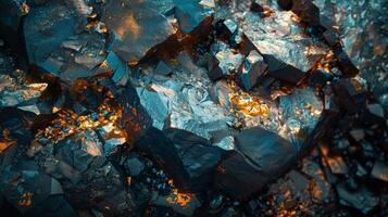 Rocks with a glossy texture display vibrant orange and blue colors under natural light, creating a striking visual contrast among smaller stone fragments. photo