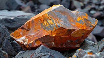 Unique orange mineral rock is situated among various dark rocks under sunlight, showcasing detailed patterns and textures that highlight its geological features and beauty photo