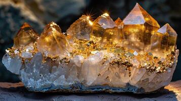Stunning clusters of golden crystals rest atop a surface, reflecting light and exhibiting intricate natural patterns. The arrangement highlights their sparkling surfaces against a dark backdrop. photo