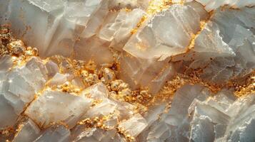 Glittering quartz crystals are intermingled with golden mineral veins, creating a striking contrast between the clear rock and the metallic hues. photo