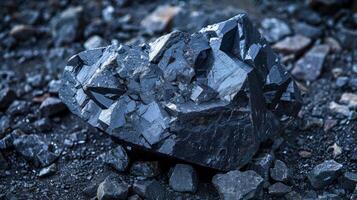 A large black mineral stone is situated among smaller rocks, exhibiting sharp crystal edges and a glossy surface, capturing the warm glow of the setting sun in an outdoor setting. photo
