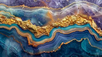 Beautifully layered agate stone showcases an array of vibrant colors, including blues, oranges, and golds, highlighting natural geological formations and textures. photo