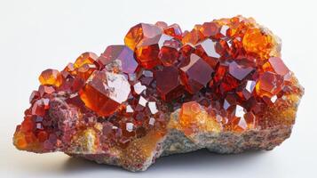 Bright orange and red crystals form an intricate cluster atop a rocky surface, capturing light and displaying a stunning array of geometric shapes and facets, highlighting their natural beauty. photo