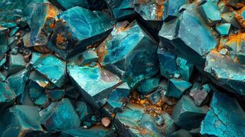 Beautiful turquoise mineral formations showcase a variety of textures and colors, highlighting sharp angles and reflective surfaces in natural lighting. photo