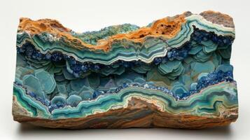 A stunning display of a natural stone piece characterized by vibrant blue and green layers, revealing intricate patterns and textures formed over time in a mineral rich environment. photo