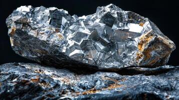 A striking mineral cluster is highlighted, featuring shiny metallic crystals with distinct geometric shapes on a textured dark surface. The interplay of light enhances its natural beauty. photo