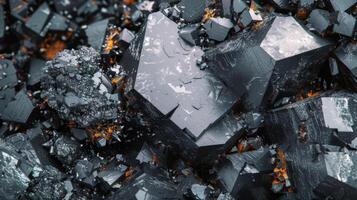 Close up view reveals dark minerals with shiny surfaces and rough edges, creating a striking contrast among scattered smaller fragments and reflections of light. photo